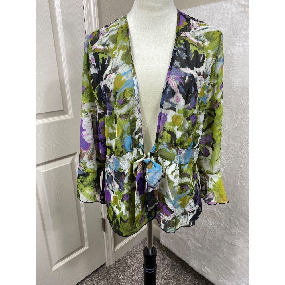 Christopher & Banks Floral Tie Front Sheer Blouse‎ Lightweight Forest Fairy XL